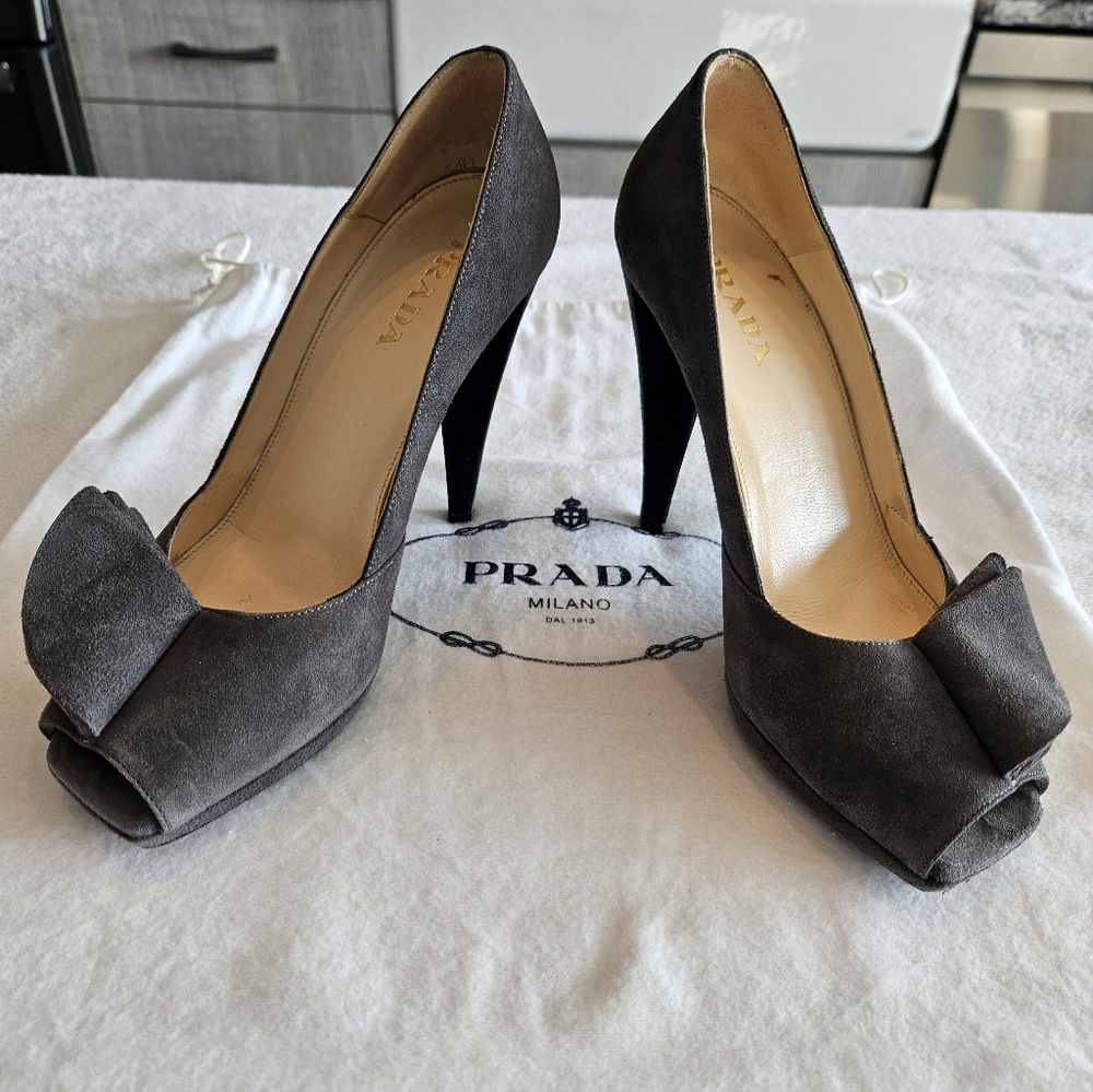 Prada Women's Dark Gray Suede Heels